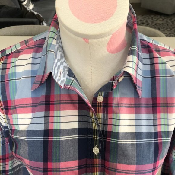 Chaps Petite No-Iron Plaid Button Down Lg Slv Cotton Shirt Blue Pink Wht Sz MP - Picture 6 of 12